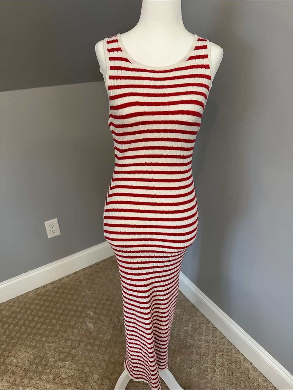 Sleeveless Red and White Striped Ribbed Maxi Dress